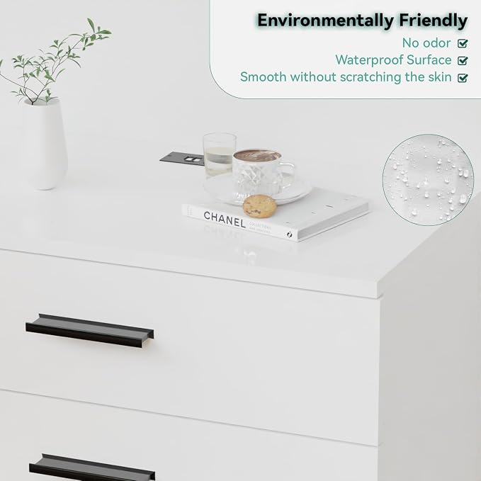 FJTJBSI Dresser with Power Outlets Wooden 4 Drawer Dresser with USB and Type C Port Chest of Drawers for Bedroom Tall White Organizer Storage for Living Room Hallway Closet