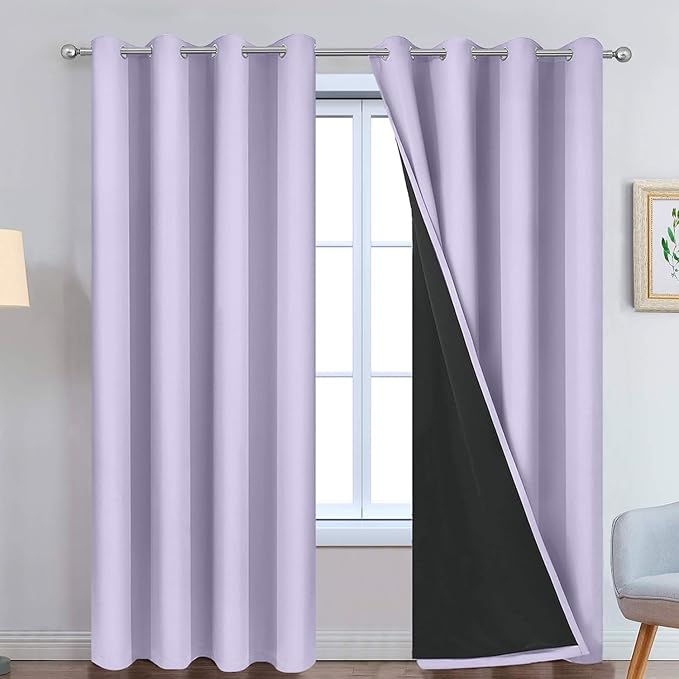 Yakamok Lilac 100% Blackout Curtains 90 Inches Long for Bedroom 52" Wide | Blackout Curtain Panels for Bedroom, 2 Thick Layers Grommet Top Thermal Insulated Drapes with Black Liner for Living Room