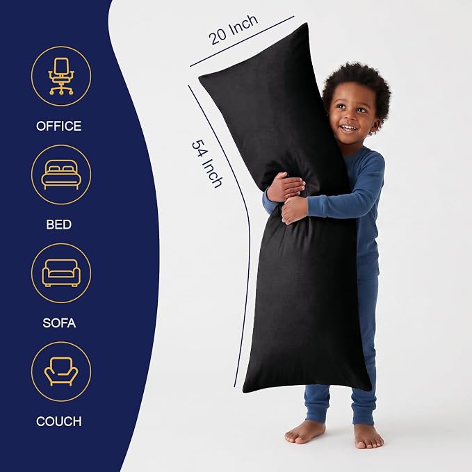 DOWNCOOL Large Body Pillow Insert- Breathable Full Body Pillow for Side Sleeper - Soft Long Bed Pillow for Adults - 20 x 54 inch （Black）