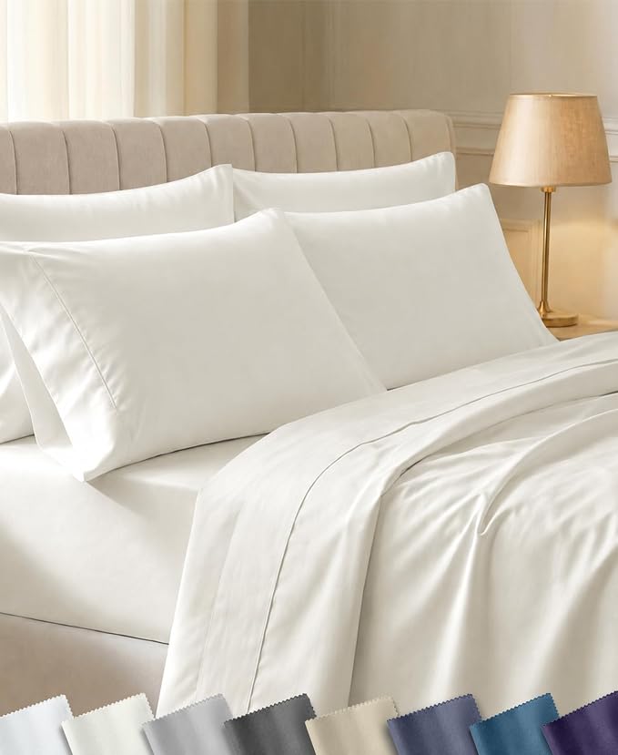 California Design Den 100% Cotton Sateen King Sized Sheets, 6 Pc Set | 6 Pcs with 4 Pillowcases, 400 Thread Count Backed by Good Housekeeping Seal, 16" Deep Pocket, Durable - Ivory (Pale Tone)