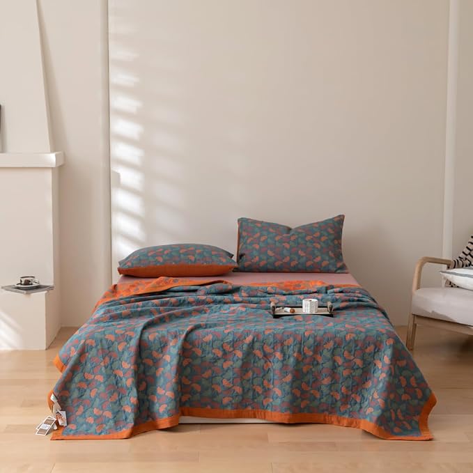 100% Cotton Muslin Blanket Jacquard Floral Ginkgo Leaves Print Quilt, Soft Bed Cover 3 Layers Reversible Bedspread Coverlet Breathable Lightweight Bedding King(98"x94"), No Pillow Sham