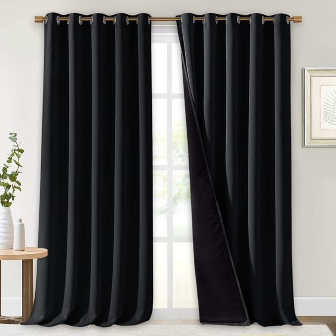 NICETOWN Black Blackout Curtains for Hall 70" Wide x 108" Long 2 Panels | Extra Long Truly Blackout Drapes for Villa Bedroom with Black Lined for Night Shift Worker, Light Blocking Privacy Decor