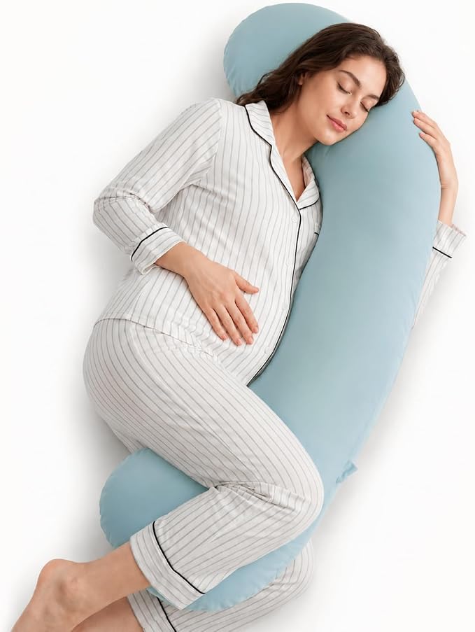 Momcozy J Shaped Pregnancy Pillow, Maternity Body Pillow for Side Sleepers | Cooling Body Pillow with Removable Cover for Head Neck Belly Support, Side Sleeper, Must-haves for Pregnant Women Blue