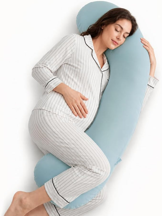 Momcozy J Shaped Pregnancy Pillow, Maternity Body Pillow for Side Sleepers | Cooling Body Pillow with Removable Cover for Head Neck Belly Support, Side Sleeper, Must-haves for Pregnant Women Blue