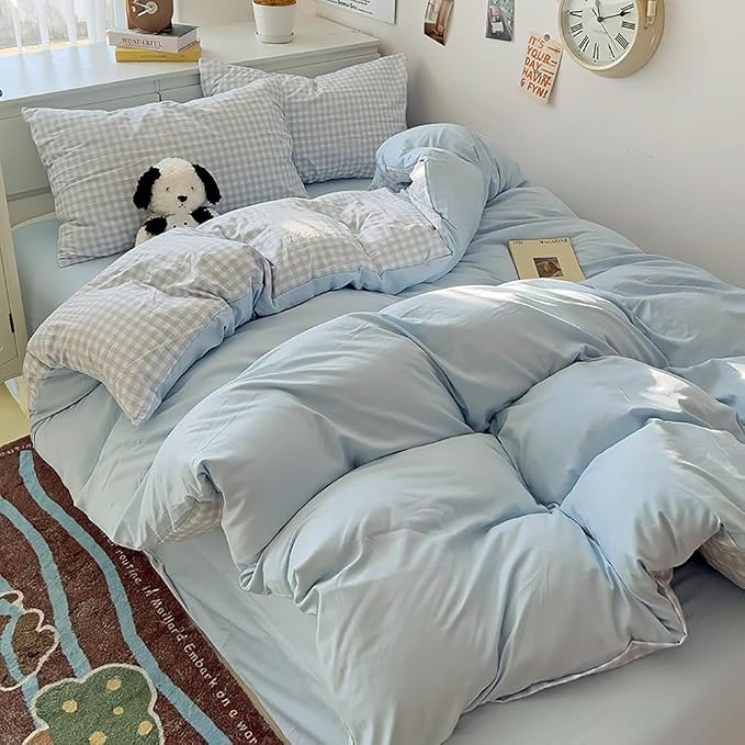 Nayoroom Blue Gingham Duvet Cover Full Reversible Plaid Checkered Bedding | Modern Farmhouse Coastal, Dorm Bedding, Soft Breathable Washed Microfiber, All-Season Comfort, Hidden Zipper, 4 Corner Ties