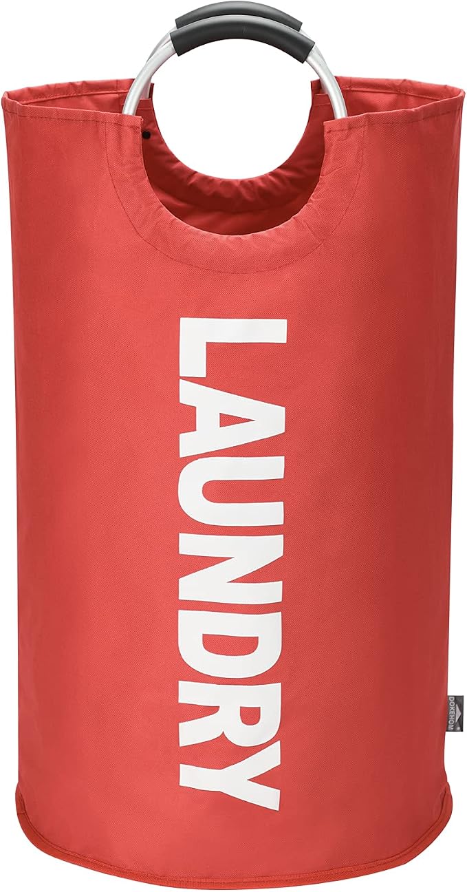 DOKEHOM 125L X-Large Laundry Basket Bag, Collapsible Tall Hamper, Red | Freestanding tall washing bin & foldable laundry bag. Extra large clothes storage basket with durable sturdy handles