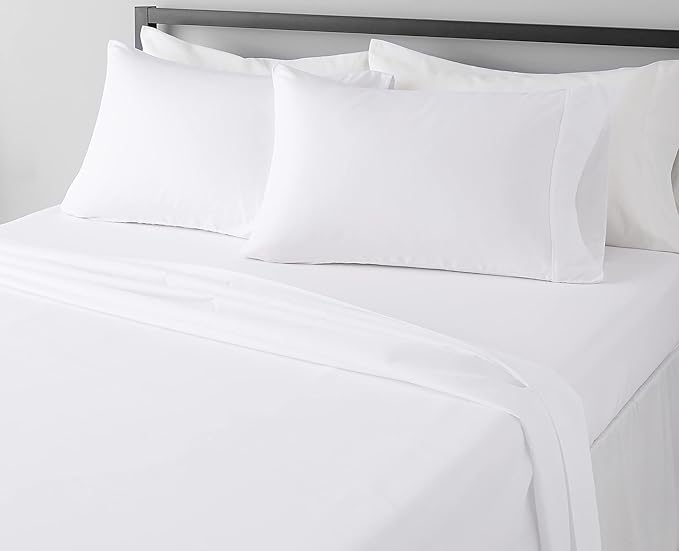 Amazon Basics Breathable, Machine Washable, Wrinkle Resistant Microfiber 4-Piece Bed Sheet Set with 14-Inch Deep Pockets, King, Bright White, Solid