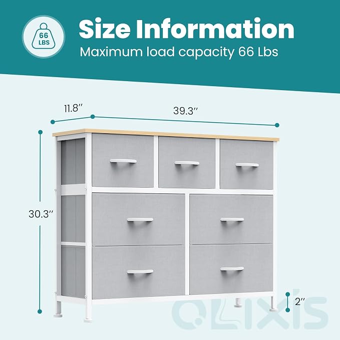OLIXIS 7 Drawer Fabric Dresser, Storage Tower for Bedroom and Closet | Easy-Pull Bins for Closet Organizers, Chest of Drawers with Steel Frame & Wooden Top for Living Room, Entryway, Light Gray