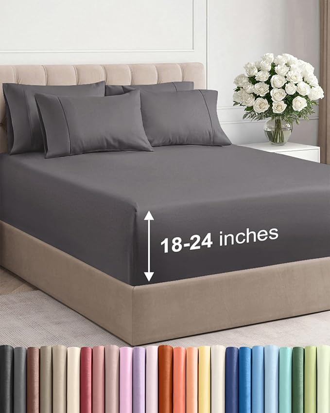 Extra Deep Cal King Sheet Set - 6 Piece Breathable & Cooling Sheets - Grey | Hotel Luxury Bed Sheets Set, Easy & Secure Fit, Ultra-Soft, Wrinkle & Fade Free, Comfy Sheets Set with Extra Deep Pockets
