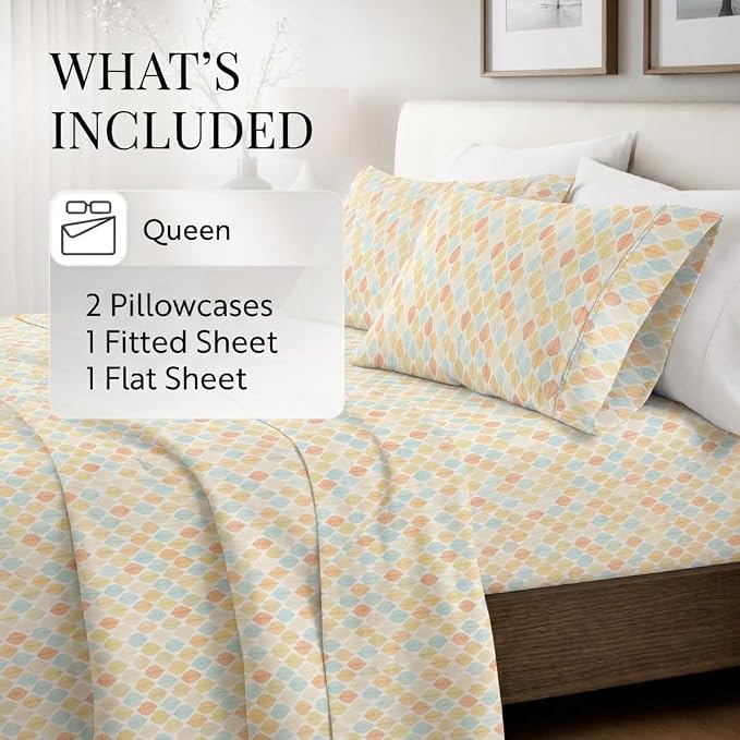 Linen Market Patterned Microfiber Queen Sheet Set 4 Piece – Oeko-TEX Certified Ultra Soft & Wrinkle-Free - 16" Deep Pocket Sheets - Easy Care Queen Size - Fall Foliage Yellow