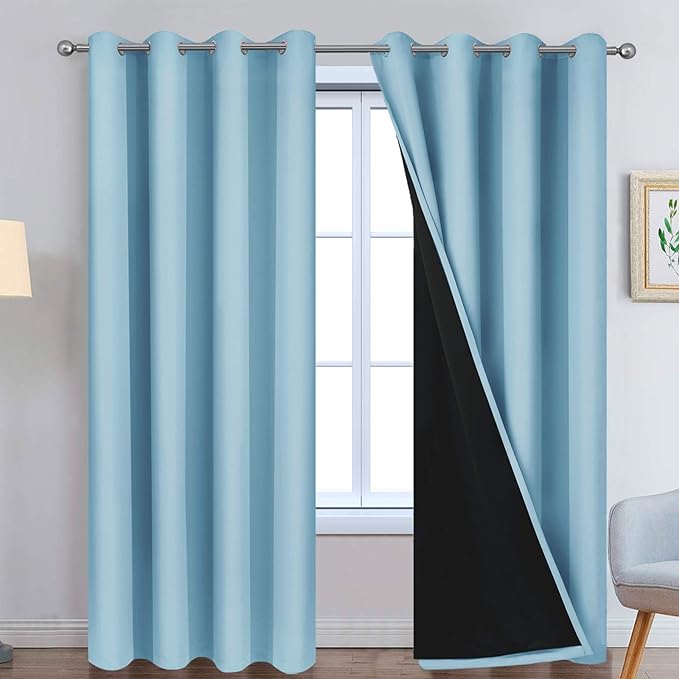 Yakamok Sky Blue 100% Blackout Curtains 84 Inches Long 52" Wide 2 Panel | Blackout Curtain Panels for Bedroom, 2 Thick Layers Grommet Top Thermal Insulated Drapes with Black Liner for Living Room
