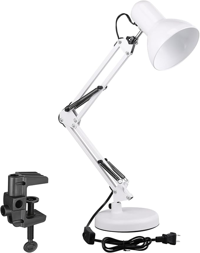 TORCHSTAR Metal Desk Lamp, Adjustable Swing Arm, E26, White | Architect Gooseneck Multi-Joint Clip Table Lamp with Plastic Clamp, for Home Office, Work, Study, Reading, Bulbs not Included