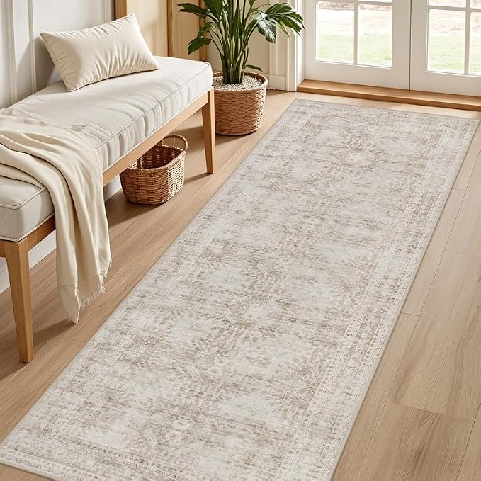 2'6''x8' Hallway Washable Runner Rug: Neutral Kitchen Carpet Brown | Vintage Boho Soft Small Indoor Decor Floor Non-Slip Low Pile Neutral Farmhouse Entryway Laundry Bathroom Bedroom Beside Rugs