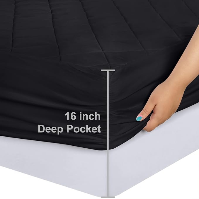 Quilted Fitted Mattress Pad, King Mattress Protector Topper with Deep Pocket Stretches up to 16 Inches, Machine Washable Mattress Cover by Utopia Bedding (Black) | Soft Breathable Fitted Mattress Cover, Noiseless, Deep Pockets & Machine Washable for Ho...