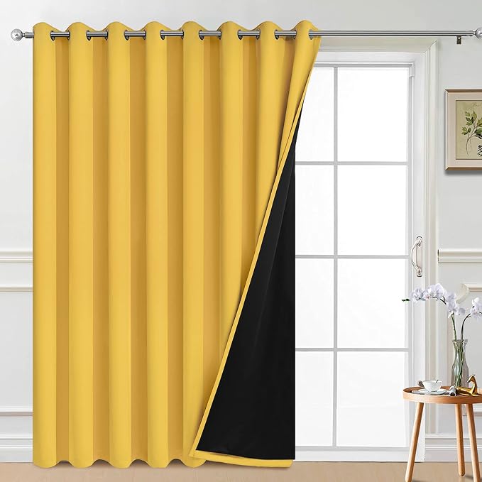 Yakamok Mustard Yellow Blackout Patio Door Curtain Panels W100 x L84, 1 PCS | Noise Reducing Barrier Panel for Sliding Glass Door, 2 Thick Layers Heat Full Light Blocking Patio Door Drapery