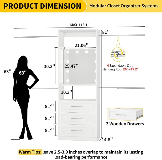 Fastgo Closet System with Drawers, 2FT-9.8FT Hanging Closet Organizer System with 4 Expandable Hanging Rods&Adjustable Shelves, Modular Closet Systems with Light & Mirror, White