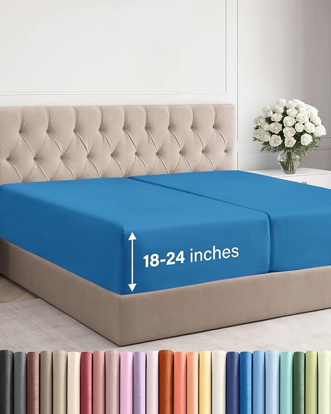 Extra Deep Split King Fitted Sheet - Single Fitted Sheet Only - Denim Blue | Easily Fits 18 inch to 24 inch Mattress, Soft, Wrinkle Free, Breathable & Comfy, Extra Deep Pockets Hotel Luxury Fitted Sheet