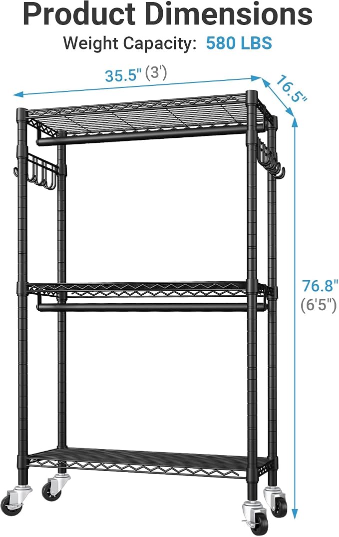 VIPEK R2 Clothes Rack for Hanging Clothes Rolling Clothing Rack Heavy Duty | Lockable Silent Wheels, Double Hanging Rods, Adjustable Wire Shelving/Side Hooks, Load 580lbs Space-Saving for Laundry, Black