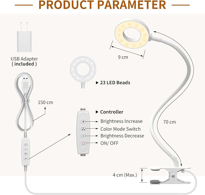 iZELL Book Light, Clip on Reading Light with Silicone Flexible Arm, Dimmable LED Lamparas Clamp on Workbench Desk for Studying Painting Crafting Drawing Makeup Nail Tech Puzzle Task - 27.6‘’ White