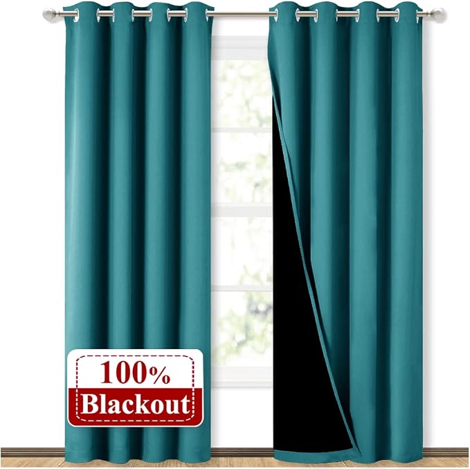 NICETOWN Peacock Teal Blackout Curtains for Baby Room 52" x 84" 2 Panels | 100% Room Darkening Energy Smart Noise Blocking Drapes for Guest Room Bedroom, Thermal Insulated Lined Window Dressing Decor