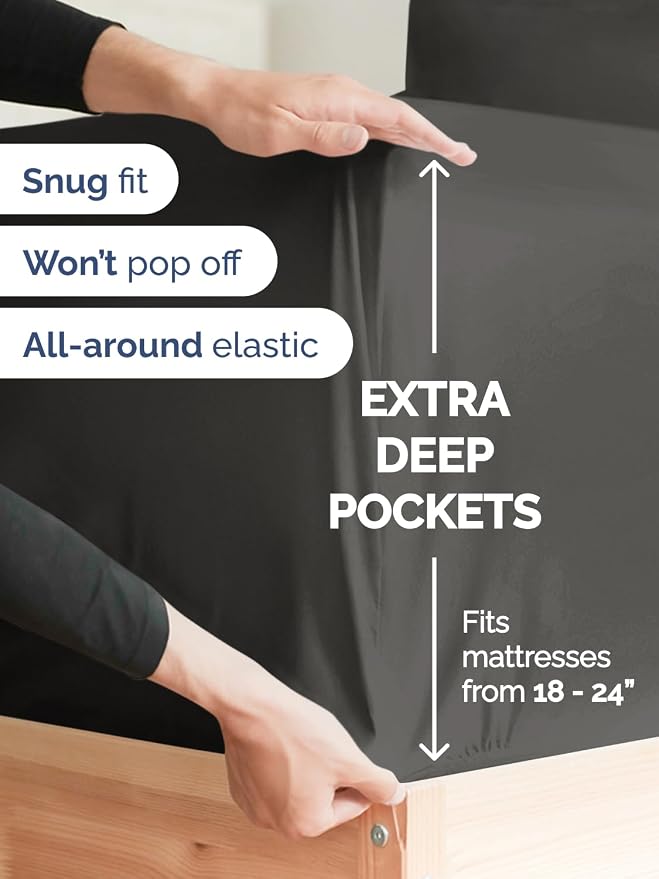 Extra Deep Split King Sheet Set - 7 Piece Breathable & Cooling - Charcoal | Hotel Luxury Bed Sheets Set, Easy & Secure Fit, Ultra-Soft, Wrinkle & Fade Free, Comfy Sheets Set with Extra Deep Pockets