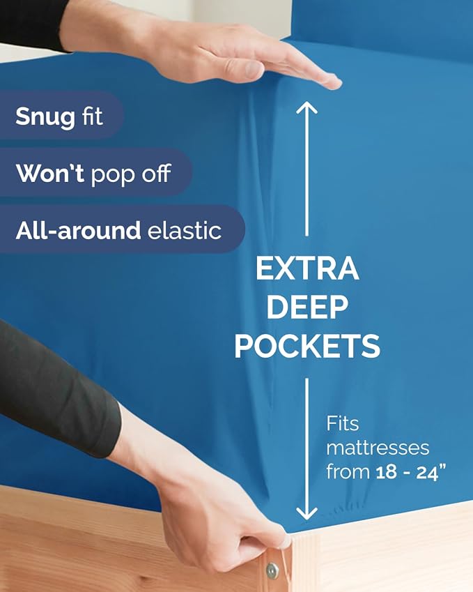 2 Pack Extra Deep Full Fitted Sheets with Extra Deep Pockets - Denim Blue | Hotel Luxury Bottom Fitted Sheets Only, Soft, Fade & Wrinkle Free, Breathable & Comfy, All Around Elastic Fitted Sheets