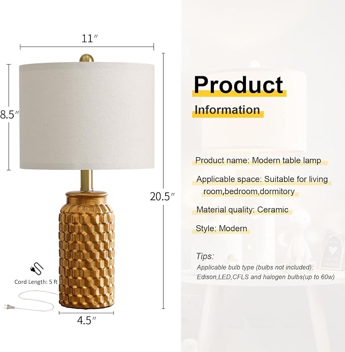 USumkky 20.5" Gold Modern Ceramic Bedside Lamp Set of 2 for Bedroom Decor Farmhouse Table Lamp for Living Room Office Dorm