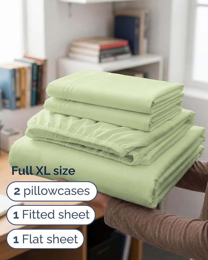 Full XL Sheets - 4 Piece Full XL Sheet Set - Breathable - Light Sage Green | Hotel Luxury Bedding for Women & Men with Deep Pockets, Ultra-Soft, Comfy, Easy-Fit, Wrinkle Free & Fade Resistant, Oeko-Tex