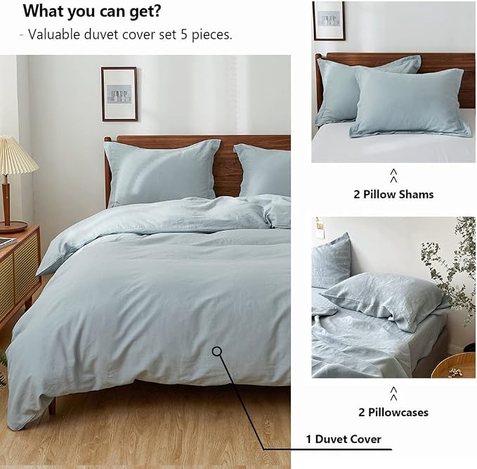 Simple&Opulence 100% Washed Linen Duvet Cover Set 5pcs(1 Duvet Cover& 2 Shams& 2 Pillowcases) Basic Style Natural French Flax Soft Breathable Farmhouse Bedding (King, Dusty Blue)