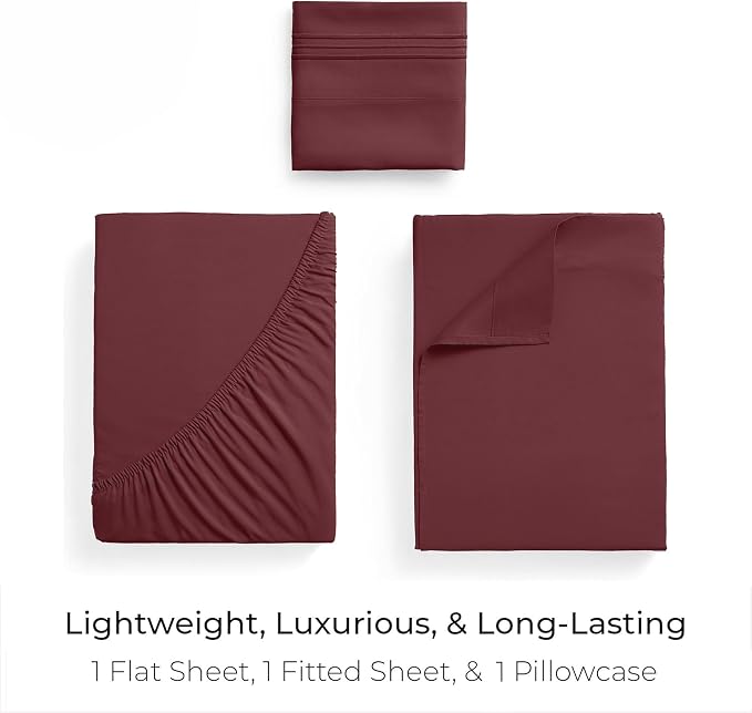 Mellanni Iconic 3-Piece, Ultra Soft Sheet Set (Twin XL, Burgundy) | 10M+ Sleepers. Lab-tested: Sleeps Cool, Stays Bright, Strong, Smooth. Good Housekeeping Best Bedding, 7 yrs running.