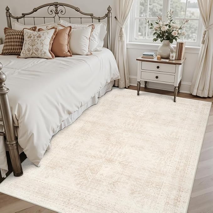 3x5 Area Rugs Living Room: Bedroom Neutral Washable Carpet Beige | Large Vintage Boho Indoor Decor Carpets Soft Nursery Farmhouse Dining Room Office Floor Non-Slip Low Pile Under Table Rug