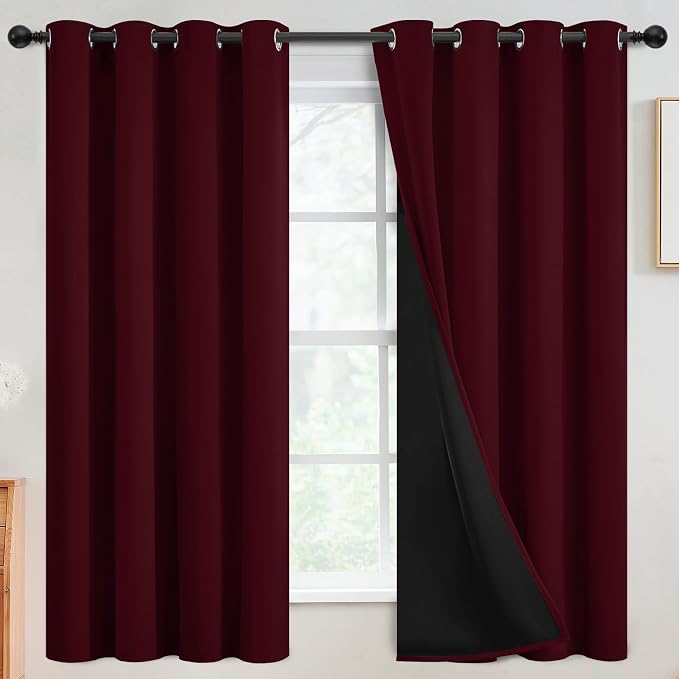 SimpleHome Wine red 100% Blackout Curtains Room Darkening Living Room 63L | Curtains for Bedroom,Thermal Insulated Grommet Window Drapes,Curtains for Living Room with Black Back,52 x 63 Inch,2 Panels
