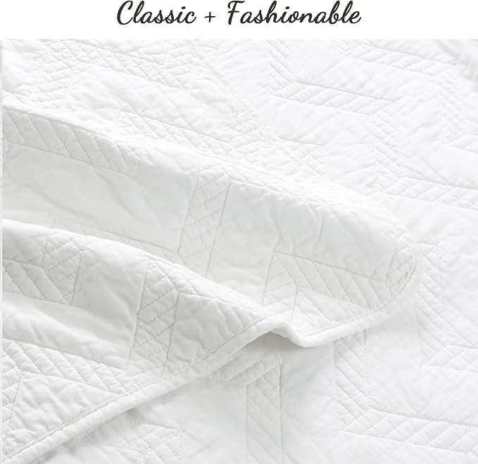 Cozy Line Home Fashions 100% Cotton Geometric Modern Zig Zag Stitch Solid White Quilt Bedding Set, Coverlet, Bedspread Lightweight for All Season (Chevron - White, Queen - 3 piece)