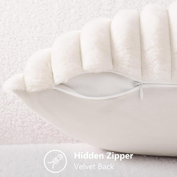 decorUhome Fall Faux Fur Throw Pillow Covers 22x22 Set of 2 Cream White | Decorative Soft Cozy Striped Plush Modern Farmhouse Boho Couch Pillow Cases Velvet Back for Sofa Bed Living Room Home Decor