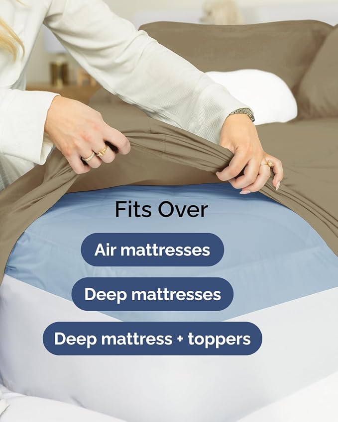 Flex Top Split Head King Sheet Set - 4 Piece Extra Deep Sheets - Khaki | Easily Fits 18 to 24 inch Mattress, Ultra Soft, Wrinkle & Fade Free with Extra Deep Pockets, Comfy Hotel Luxury Bedding