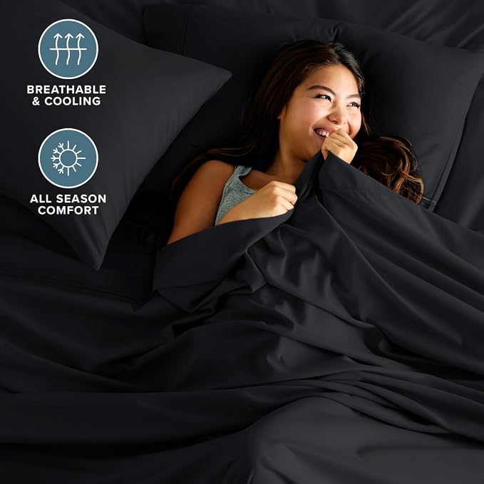 Bare Home Short Queen Sheet Set - 1800 Ultra-Soft (Queen Short, Black) | Deep Pockets 6 to 15 Inches, Breathable, Hypoallergenic, Hotel Luxury, Easy Fit, Soft, All-Season