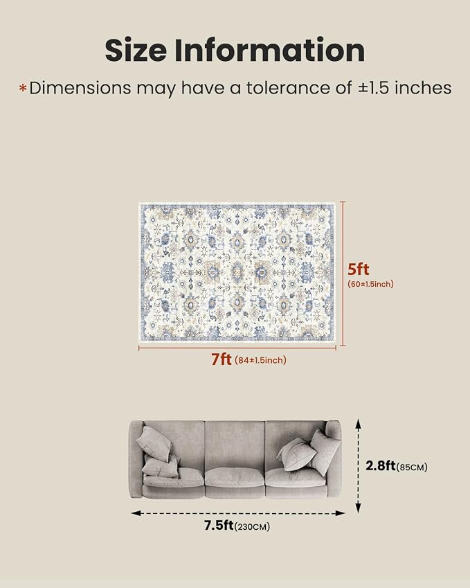 AMADA HOMEFURNISHING 5x7 Area Rugs, Washable Living Room Rug Low-Profile with Non-Slip Backing & Durable Edge Binding, Vintage 5x7 Rugs for Living Room, Bedroom, Dining Room