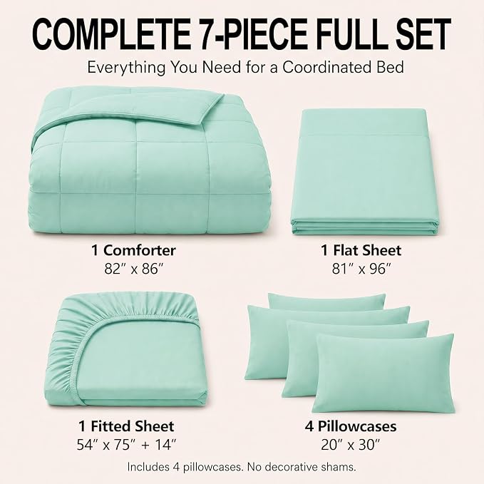 Full Size Comforter Sets Mint Green - 7 Pieces Bed in a Bag | OEKO-TEX Certified, All-Season, Bedroom, Guest Room, Down-Alternative Comforter + Flat & Fitted Sheets + 4 Pillowcases