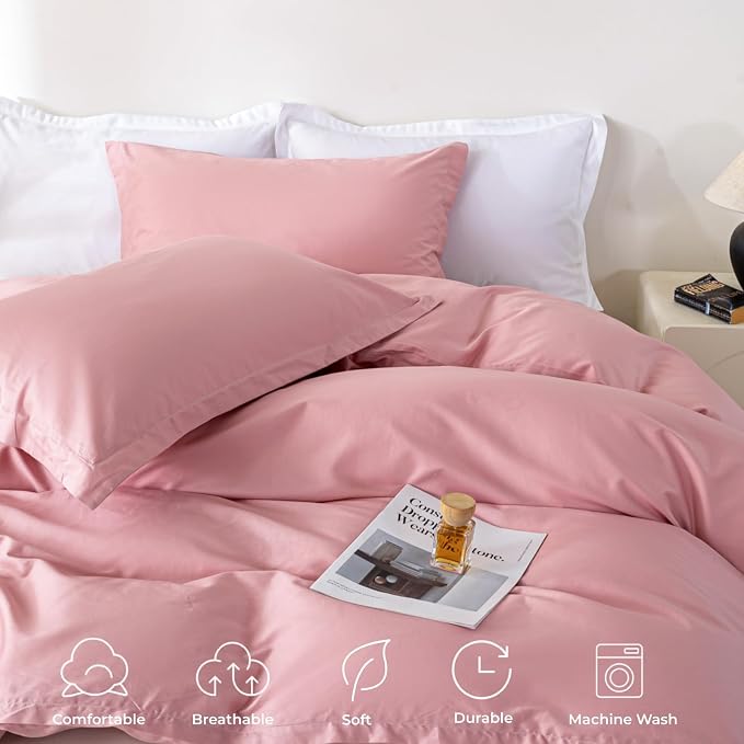 OAITE Duvet Cover Set 100% Washed Cotton Solid 3pcs | Soft,Durable,Long-staple Cotton,Hidden Zipper with 8 Interior Corner Ties,2 Pillowcases