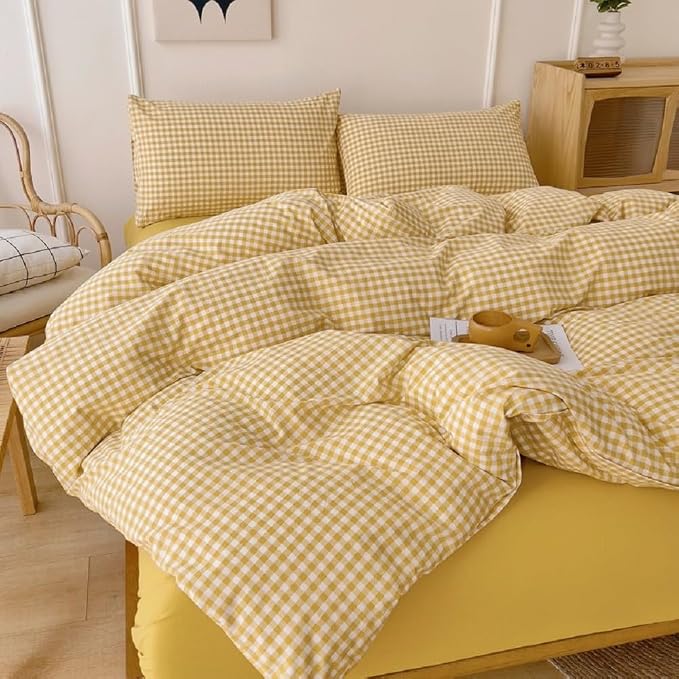 LifeTB Yellow Gingham Comforter King Comforter Set Geometric Checkered Plaid Bedding Comforter with 2 Pillowcases Fluffy Soft Lightweight Bedding Boho Grid Plaid Comforter Set King for All Seasons