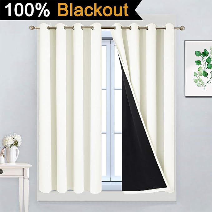 Yakamok Cream 100% Blackout Curtains 45 Inches Long for Bedroom 52" Wide | Blackout Curtain Panels for Bedroom, 2 Thick Layers Grommet Top Thermal Insulated Drapes with Black Liner for Living Room