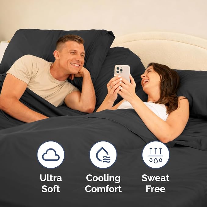 Flex Top Split Head King 4 Piece Sheet Set - Ultra-Soft, Breathable - Black | Cooling Bed Sheets Set, Hotel Luxury Bedding for Women & Men with Deep Pockets, Wrinkle Free & Fade Resistant, Oeko-Tex