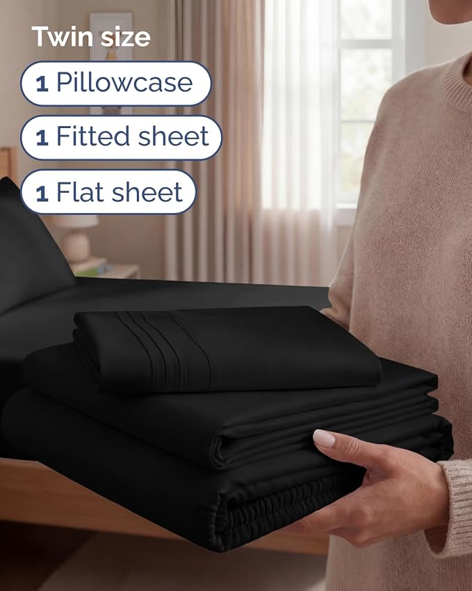 Twin Size 3 Piece Sheet Set - Comfy Breathable & Cooling Sheets - Black | Hotel Luxury Bed Sheets for Women & Men, Deep Pockets, Easy-Fit, Extra Soft and Wrinkle Free Sheets, Oeko-Tex Bed Sheet Set