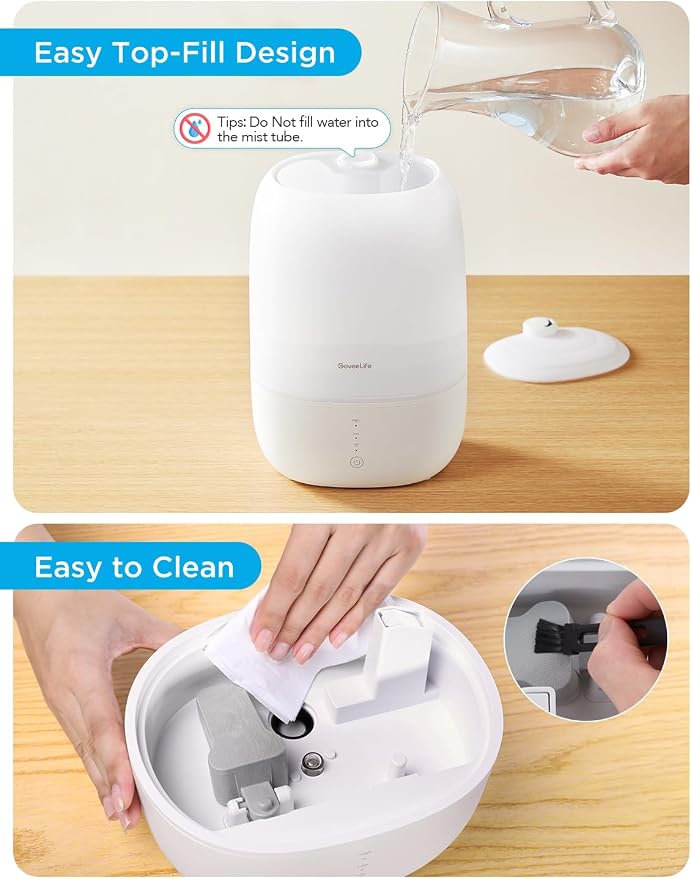 GoveeLife Smart Humidifiers for Bedroom, 3L Top Fill Cool Mist Humidifier | 24dB Quiet Runtime, Humidity Control, Easy to Clean, 25H Lasting, RGB Night Light for Baby, Plants, Works with Alexa