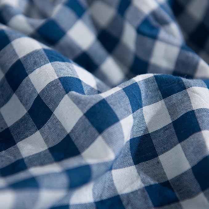 NEXHOME PRO Blue Gingham Duvet Cover Queen, 100% Washed Cotton Like Linen Feel Organic Natural Bedding Set 3 Piece Navy Vintage Plaid Checkered Comforter Cover Set (No Comforter) 9090