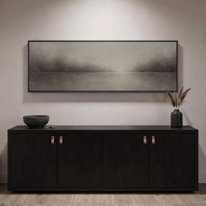 Large Framed Moody Abstract Landscape Wall Art for Living Room, 60x20 In | Rustic lake picture, Canvas prints, Horizontal long artwork, Neutral painting, Wood frame, Wall decor for bedroom dining room