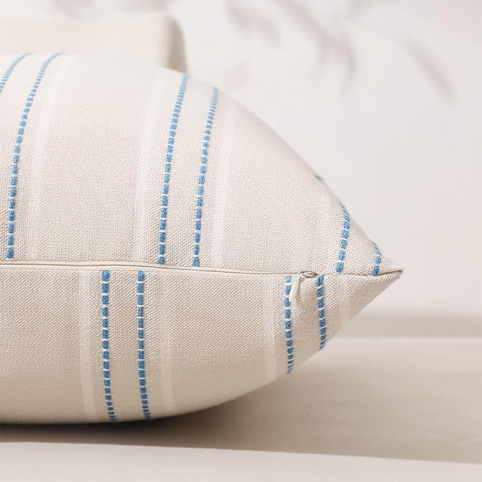 Hckot Striped Throw Pillow Covers 20x20 Set of 2 Lake Blue Pillow Covers | Farmhouse Decorative Pillows Textured Linen Square Cushion Covers for Sofa Couch Bed Living Room Decor(Lake Blue)