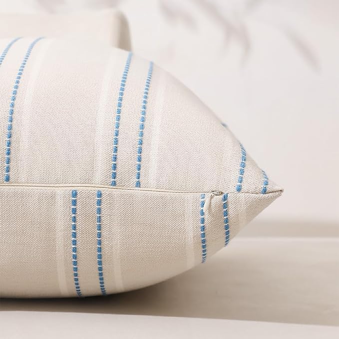 Hckot Striped Throw Pillow Covers 22x22 Set of 2 Lake Blue Pillow Covers | Farmhouse Decorative Pillows Textured Linen Square Cushion Covers for Sofa Couch Bed Living Room Decor(Lake Blue)
