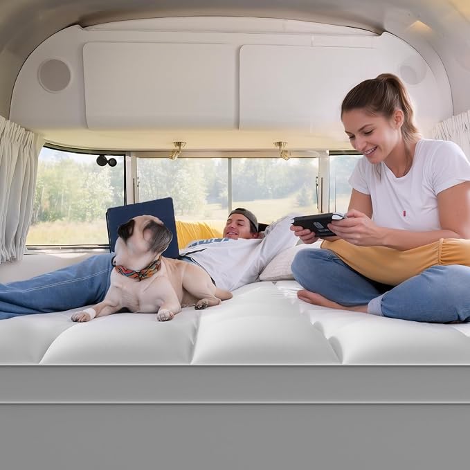 ELEMUSE RV Short King Mattress Topper, Thick Pillow Top Mattress Pad | Plush comfort with overfilled fill. Deep pocket fits RV short king beds, an RV essential for campers, motorhomes and trailers