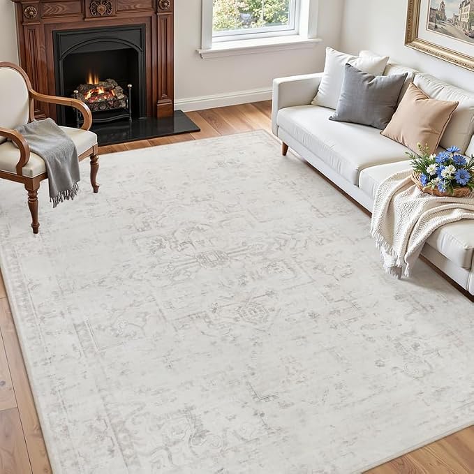 6x9 Area Rugs Living Room: Bedroom Washable Carpet Neutral Cream | Large Vintage Boho Indoor Decor Carpets Soft Nursery Farmhouse Dining Room Office Floor Non-Slip Low Pile Under Table Rug